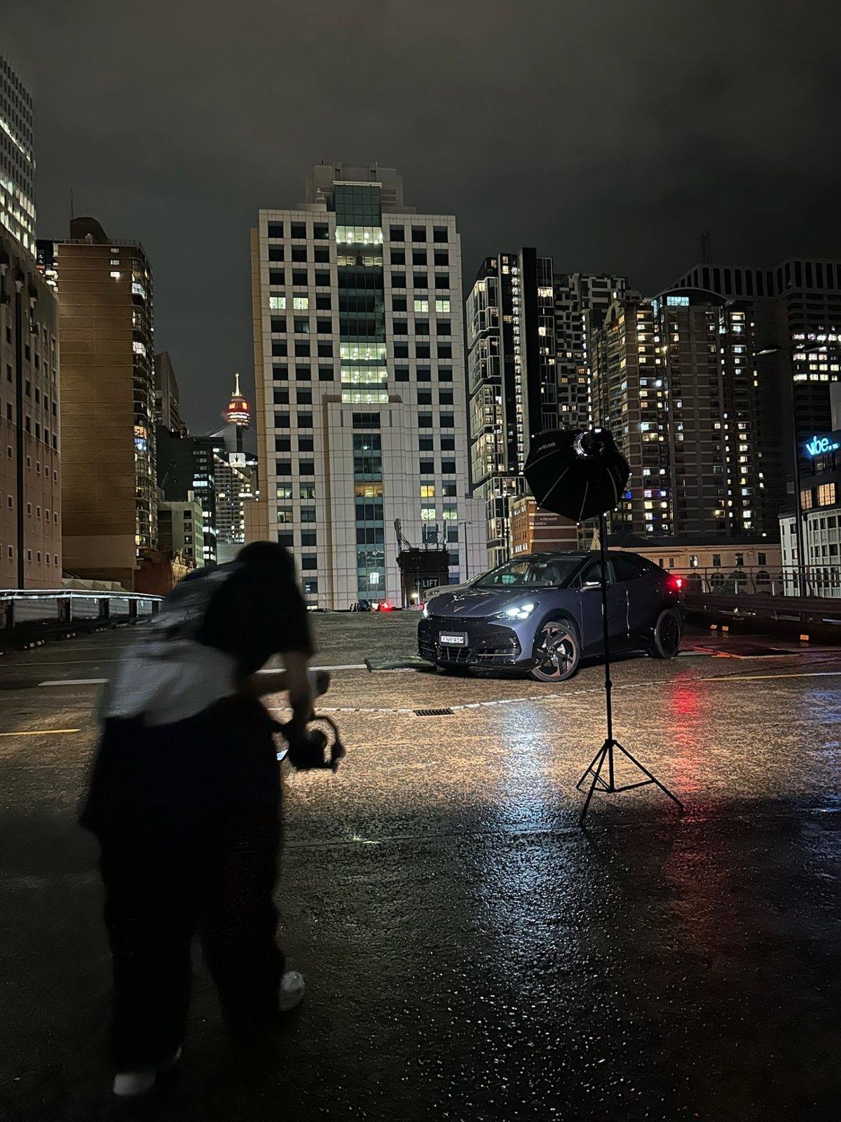 Night automotive shoot on a Sydney rooftop